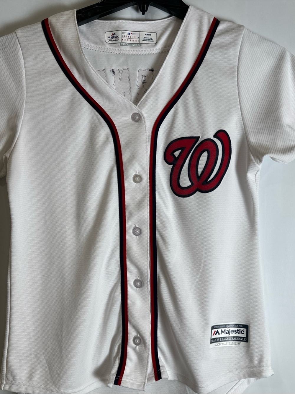 Majestic White Baseball Jersey with Red and Navy Logo